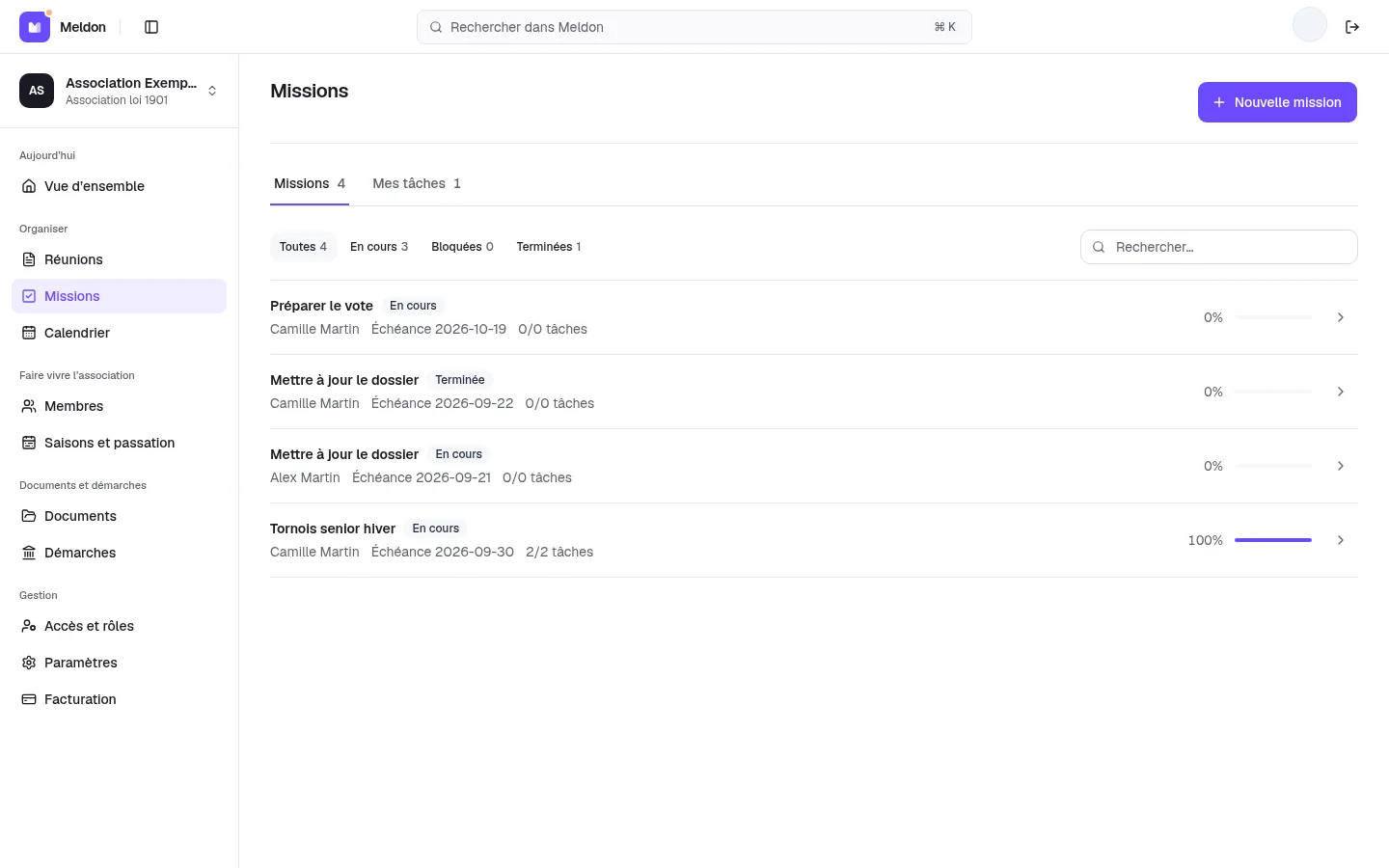 Interface Missions de Meldon avec responsables, tâches et échéances